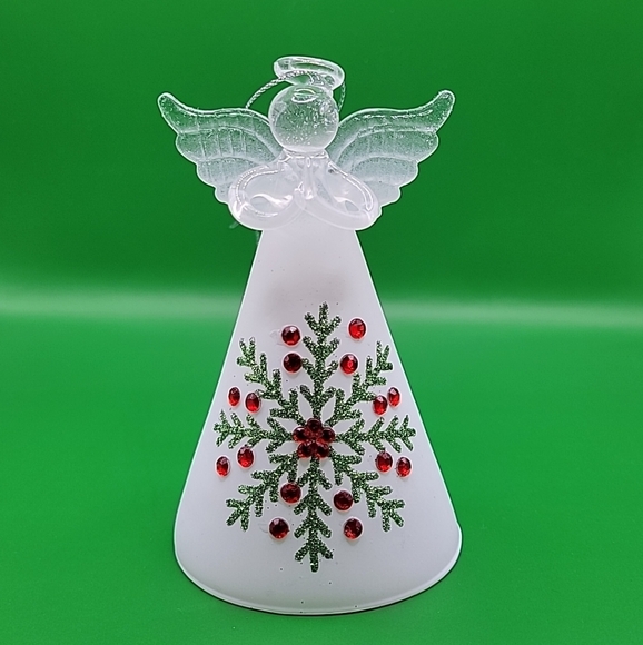 Glass Snowflake Angel Ornament Accented Frosted Glass Green Glitter Red Gems - Picture 1 of 7